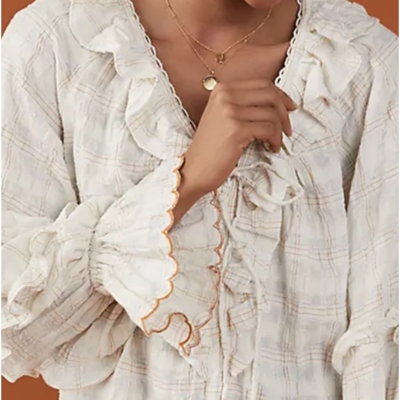 🍃💕NWT Anthropologie Chrissy Ruffled Prairie Check Peasant Blouse Size M - Picture 4 of 15